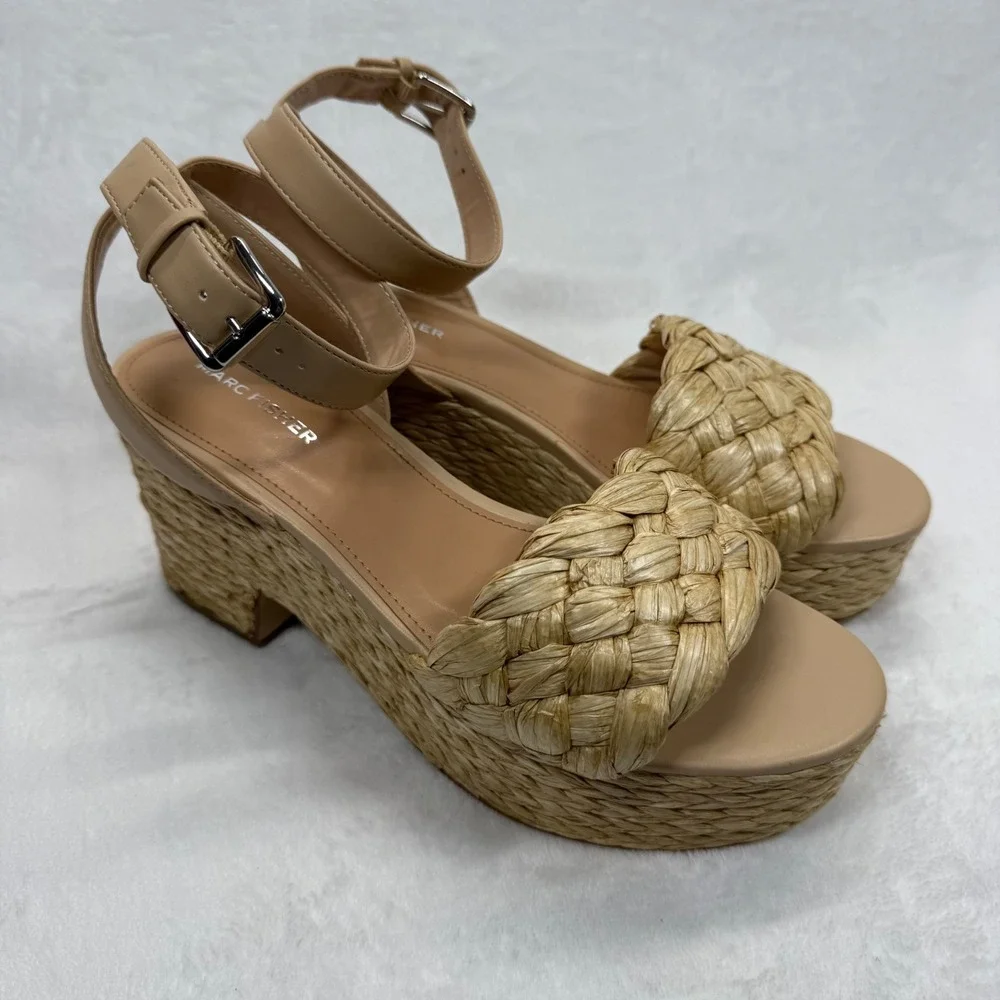 Marc Fisher Steel Espadrille Platform Sandals Woven‎ Ankle Strap Beige Size 10M